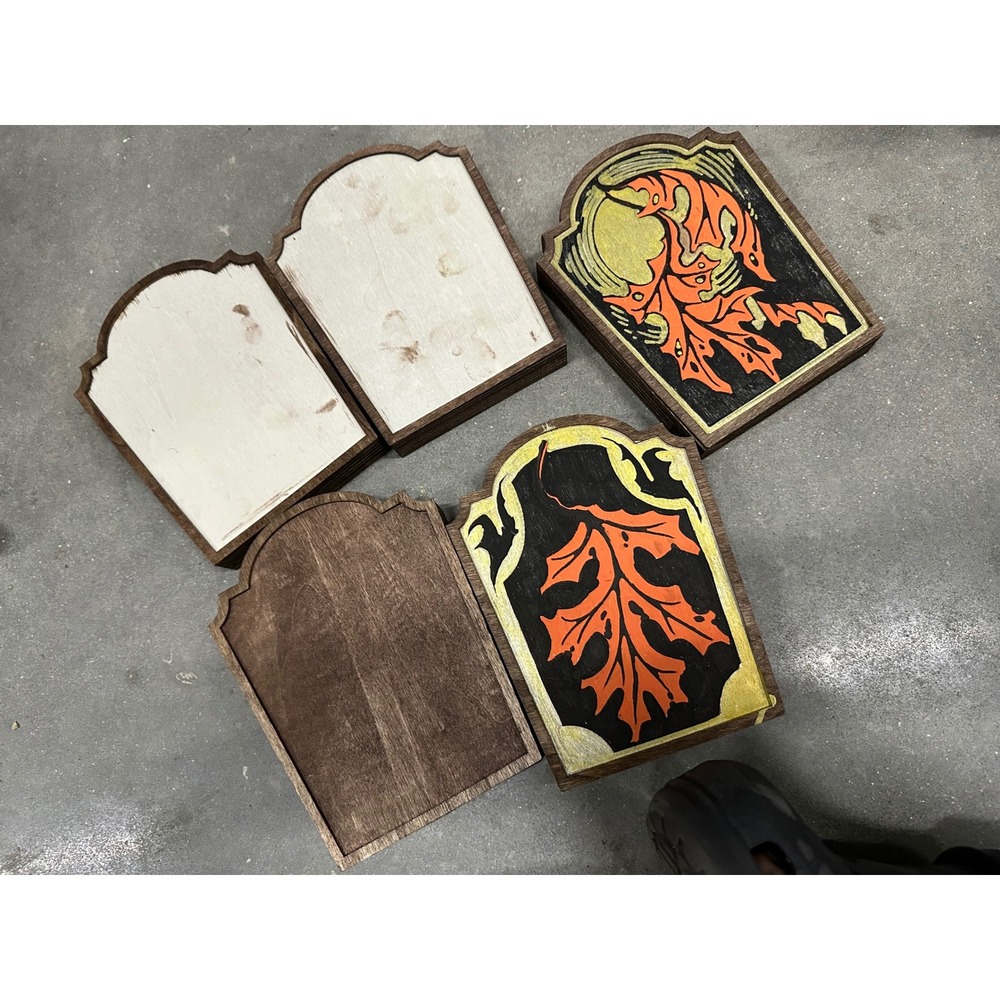 Hand Painted Wooden Tombstone Plaques Autumn Leaf Halloween Decor Set of 6